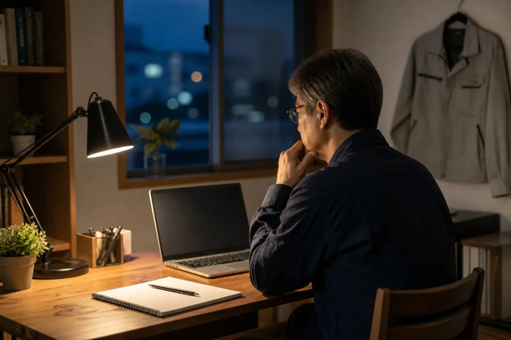 仕事を終えた夜、自宅の机で副業について考える50代会社員のイメージ