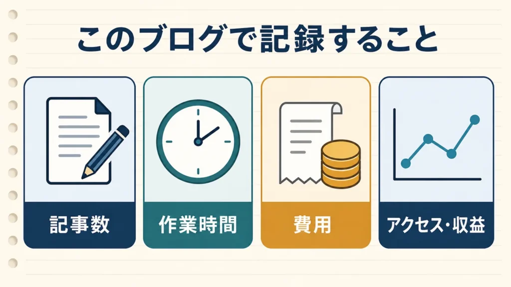 このブログで記録する記事数、作業時間、費用、アクセスと収益の4項目