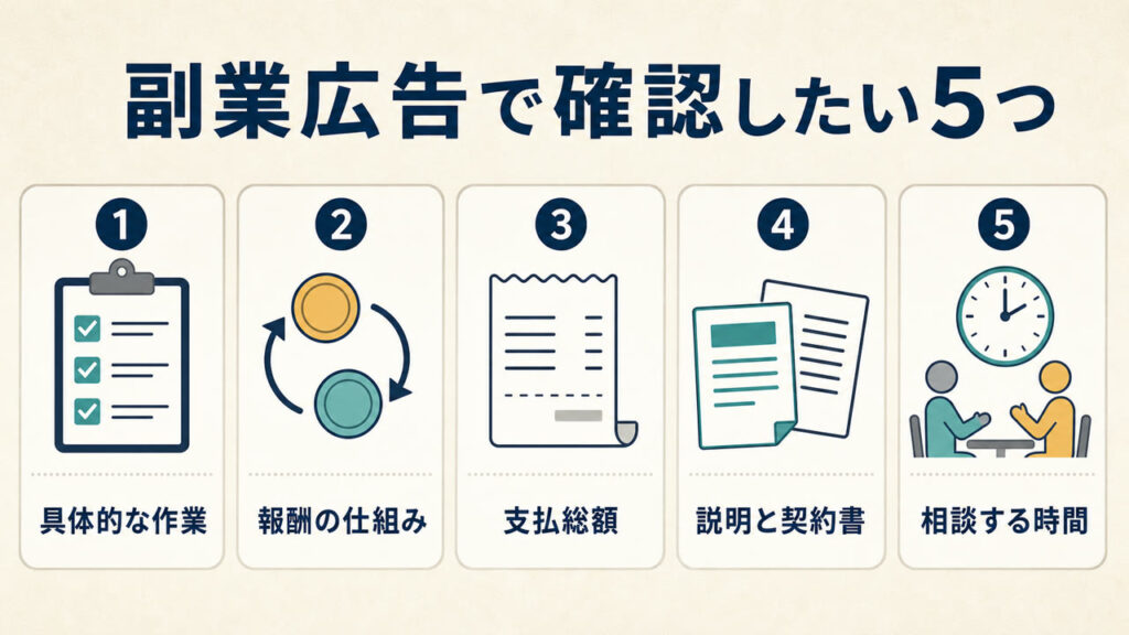 副業広告で確認したい、具体的な作業、報酬の仕組み、支払総額、説明と契約書、相談する時間の5項目
