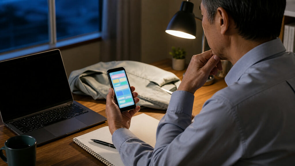 仕事後にスマートフォンで副業広告を見ながら考える50代会社員のイメージ