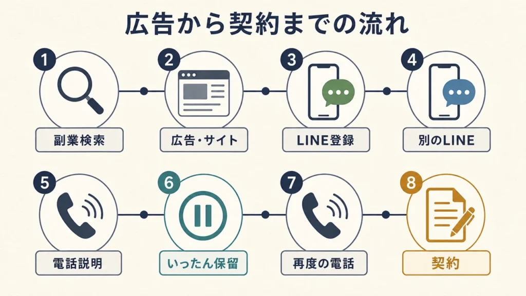 副業検索から広告・サイト、LINE、電話、保留、再度の電話、契約へ進んだ流れ
