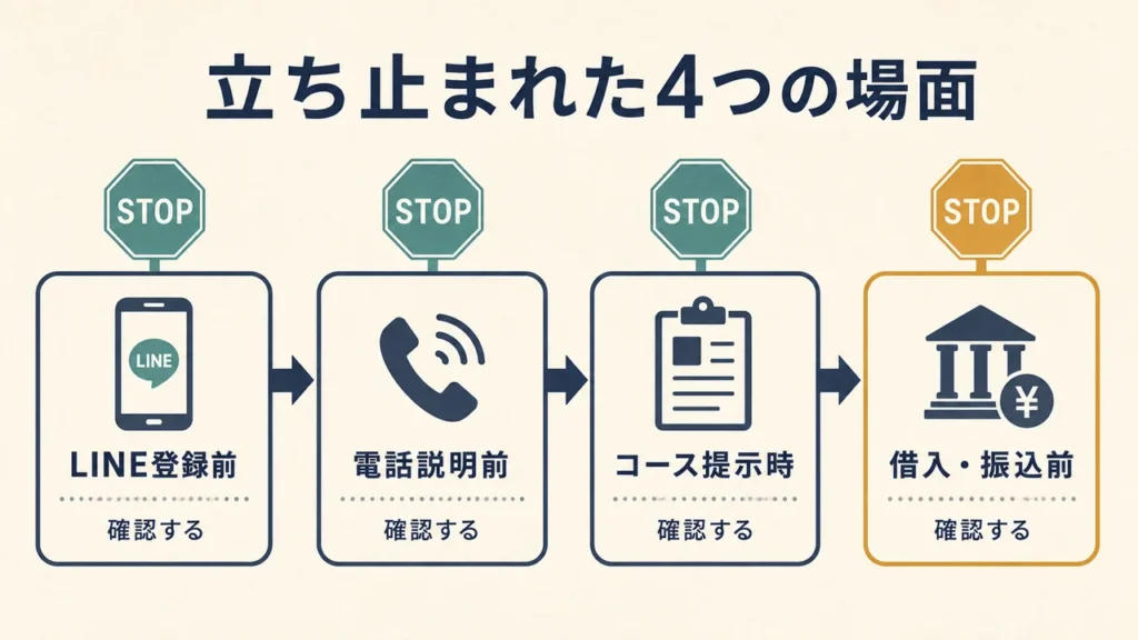 LINE登録前、電話説明前、コース提示時、借入・振込前の4つの確認地点