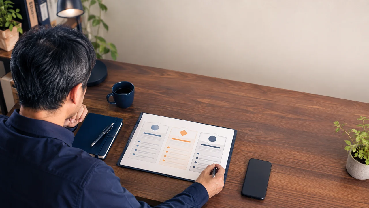 複数の副業サポートコースが並ぶ契約資料を見直す50代会社員のイメージ