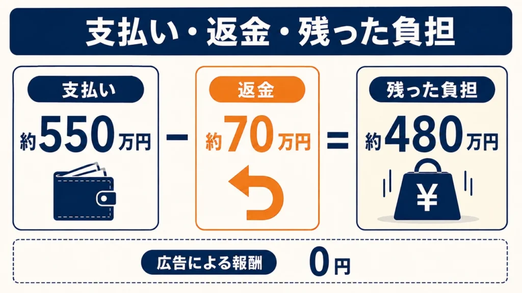 副業サポートに約550万円を支払い、約70万円が返金され、差し引き約480万円の負担と広告報酬0円が残った結果