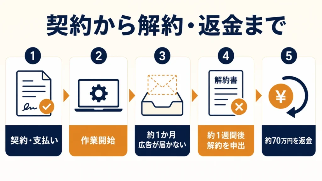 副業サポートの契約と支払いから、作業開始、約1か月後の問い合わせ、約1週間後の解約、約70万円の返金までの流れ