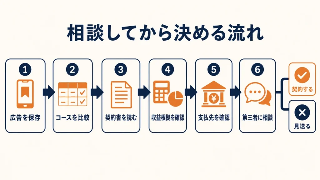 副業契約を判断する前に、広告、コース比較表、契約書、収益根拠、支払先を保存して第三者へ見せる流れ