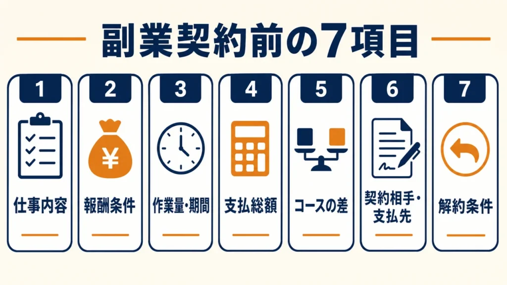 副業を契約する前に確認したい仕事内容、報酬条件、作業量と期間、支払総額、コース差、契約相手と支払先、解約条件の7項目