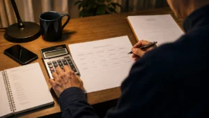 副業費用を借りる前に電卓、返済表、契約書、家計ノートで返済を検討する50代会社員