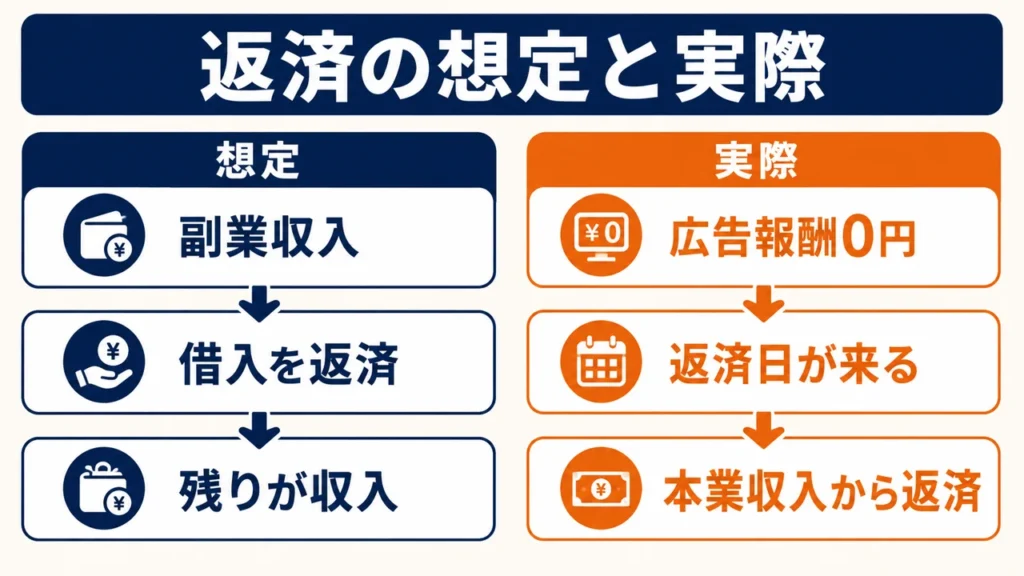 副業収入から返済する想定に対して、実際は広告報酬0円のまま本業収入から返済が始まった違い