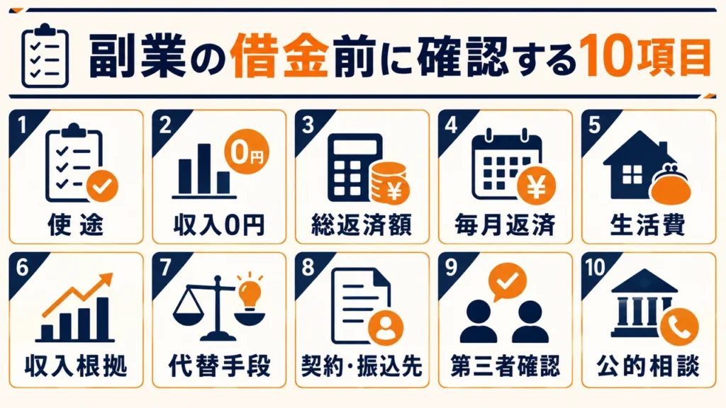 副業の借金前に確認したい使途、0円時の返済、総返済額、毎月返済、生活費、収入根拠、代替手段、振込先、第三者確認、公的相談の10項目