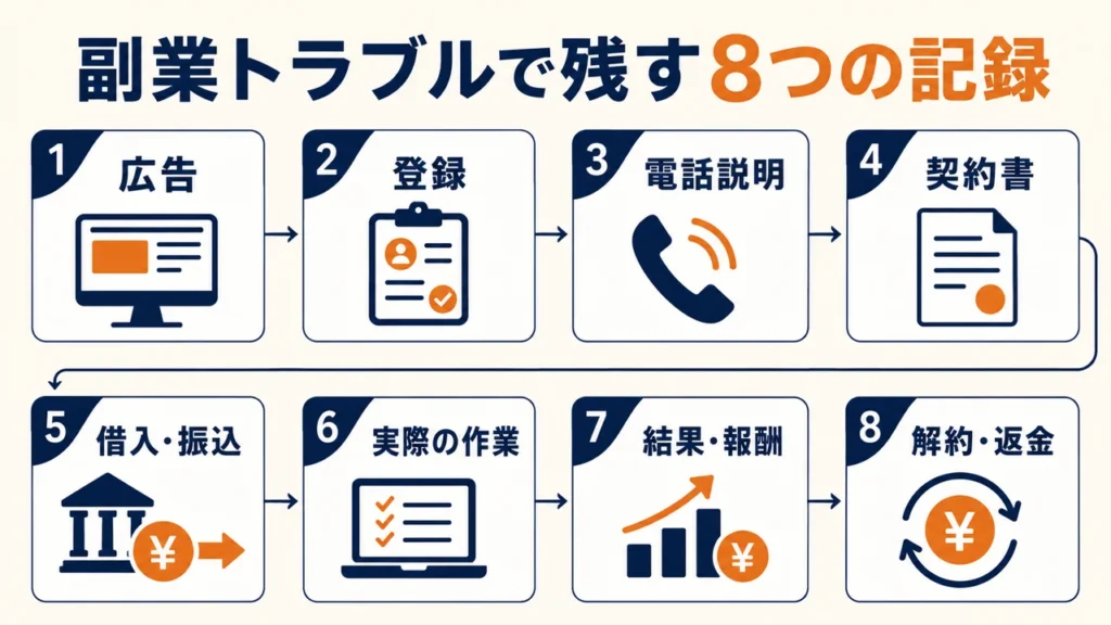 副業トラブルで保存したい広告、登録、説明、契約、支払い、作業、結果、解約・返金の8種類の記録