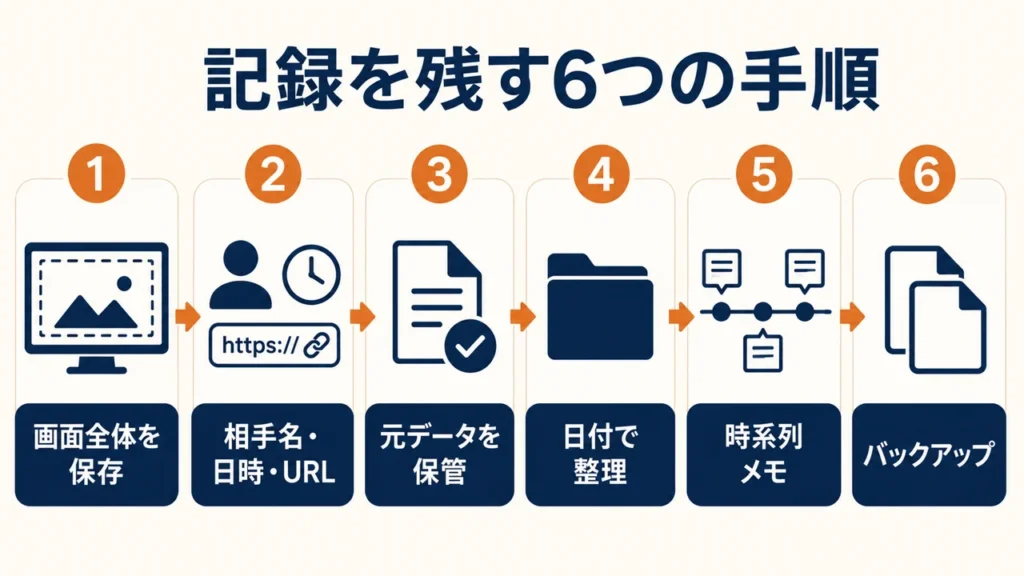 副業トラブルの記録を画面全体で保存し、相手名と日時を残し、元データを保管、日付で整理、時系列化、バックアップする6手順