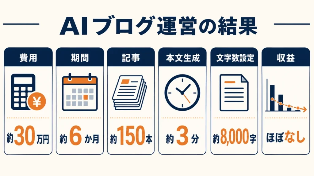約30万円のAIブログシステムを6か月使い、約150記事を生成しても収益がほとんどなかった結果