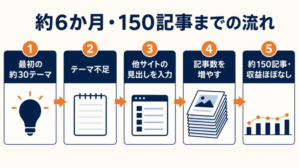 最初の約30テーマから、テーマ不足、他サイトの見出し入力、記事数を増やす助言、約150記事、ほぼ収益なしへ進んだ6か月の流れ