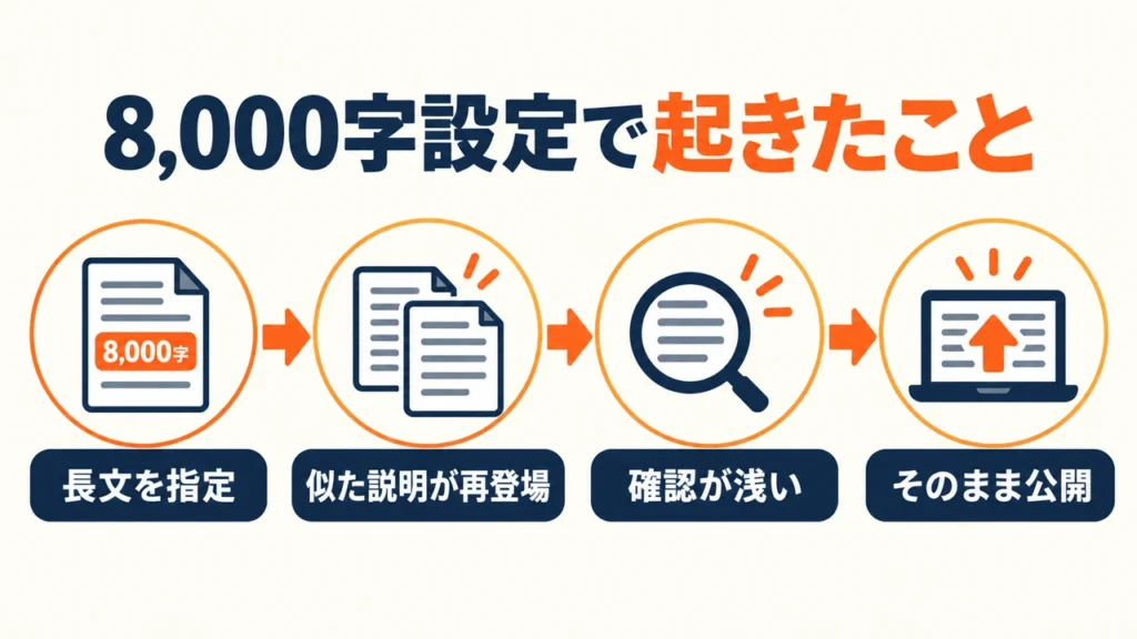 約8,000字に設定したAI記事で、見出しが違っても説明内容が繰り返され、確認不足のまま公開した流れ