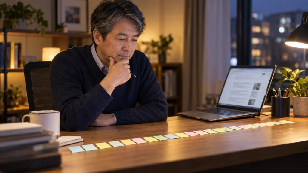 題材を書いた付箋が並ぶ机で、次の記事テーマを考える50代会社員のイメージ画像