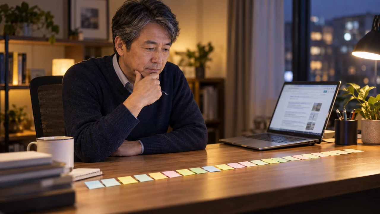 題材を書いた付箋が並ぶ机で、次の記事テーマを考える50代会社員のイメージ画像