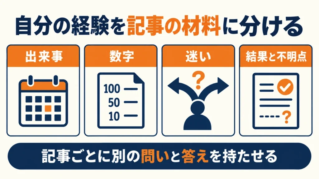 ブログのテーマを考えるときに、出来事、数字、迷い、結果と不明点の4つに一次情報を分ける図解