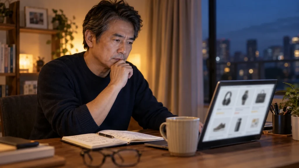 商品一覧が表示されたパソコンとメモを前に、ブログで紹介できる広告を考える50代会社員のイメージ画像