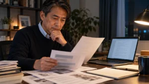 契約書やメッセージの印刷物を確認しながらブログ記事を考える50代会社員のイメージ画像