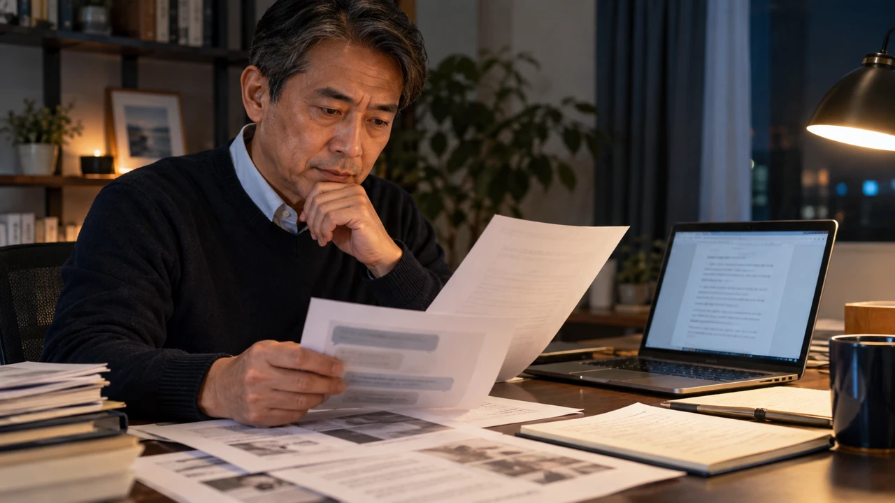 契約書やメッセージの印刷物を確認しながらブログ記事を考える50代会社員のイメージ画像