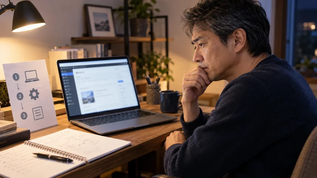 ブログの管理画面と画像付き手順を見ながら、最初の設定を確認する50代会社員のイメージ画像