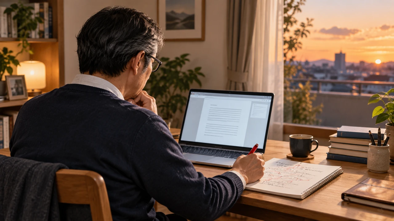 AIで作成した記事の下書きと自分の体験メモを見比べる50代会社員のイメージ画像