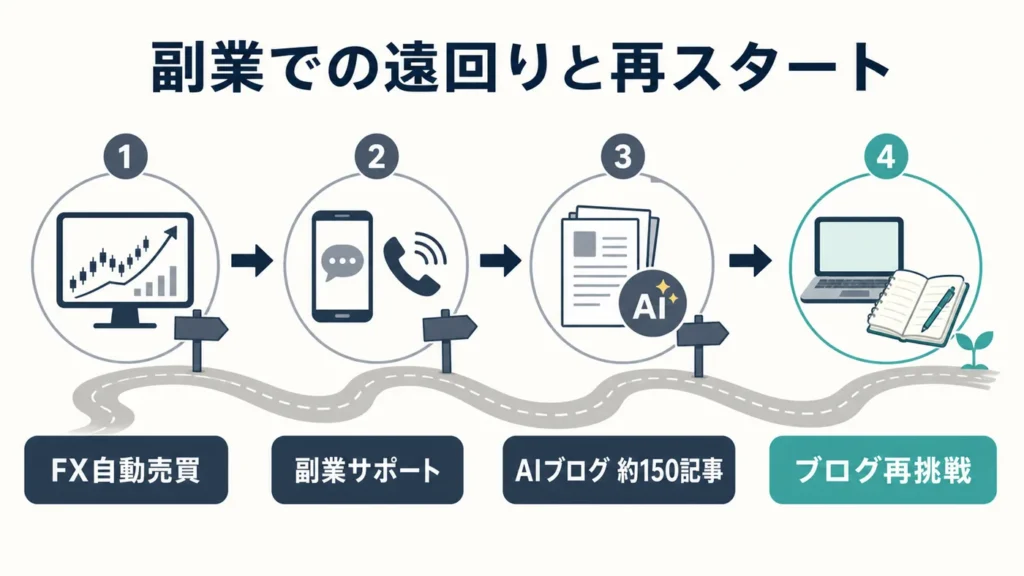 FX自動売買、副業サポート、AIブログ約150記事を経てブログへ再挑戦するまでの流れ